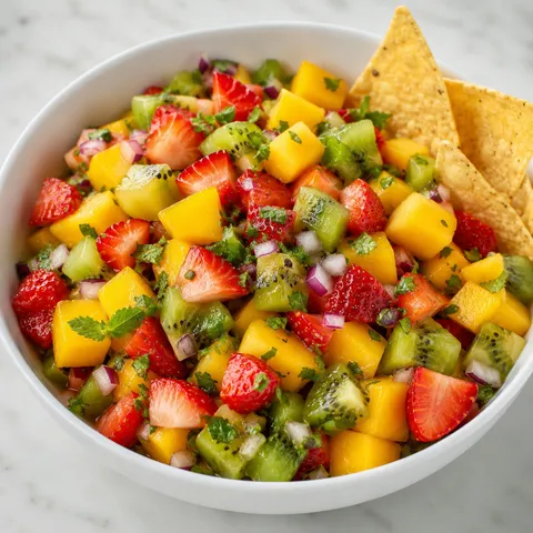 Kiwi mango strawberry salsa in a white bowl with tortilla chips
