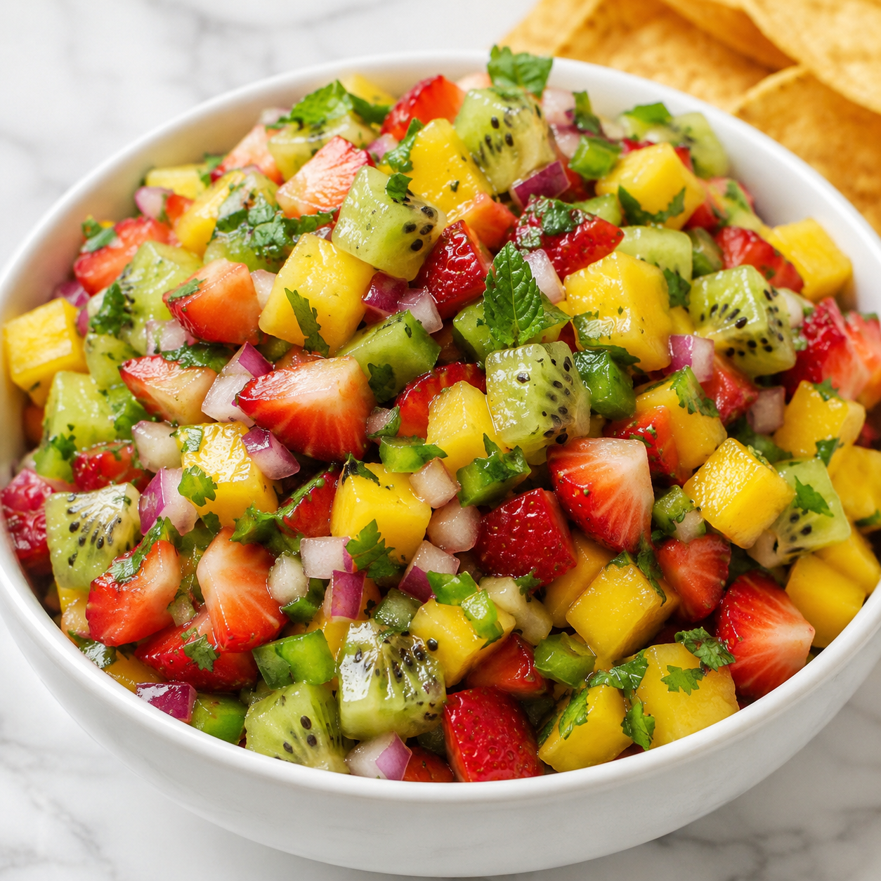 Kiwi mango strawberry salsa in a white bowl with tortilla chips