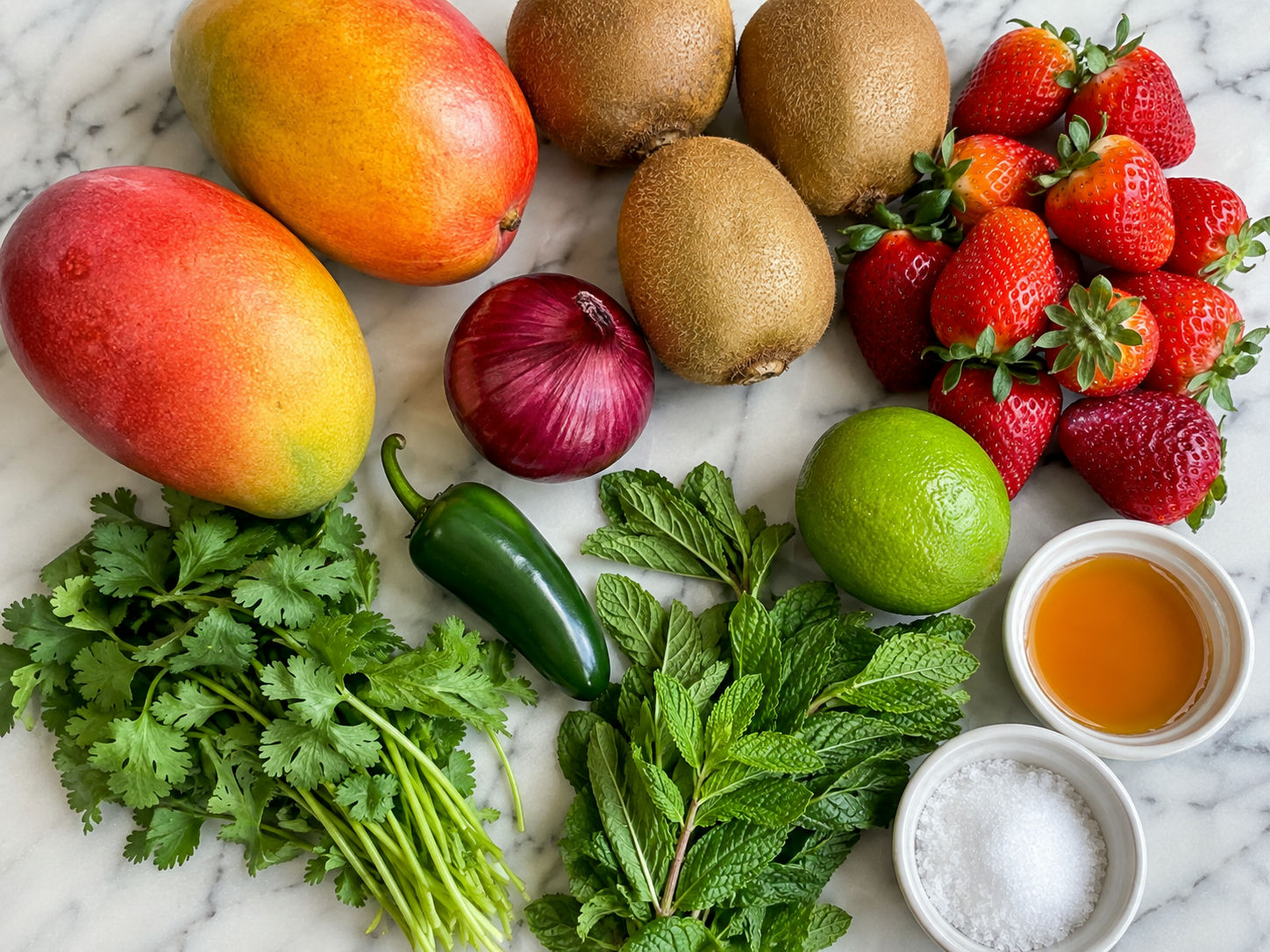 Mangoes, kiwis, strawberries, herbs, lime, onion, and jalapeno for salsa