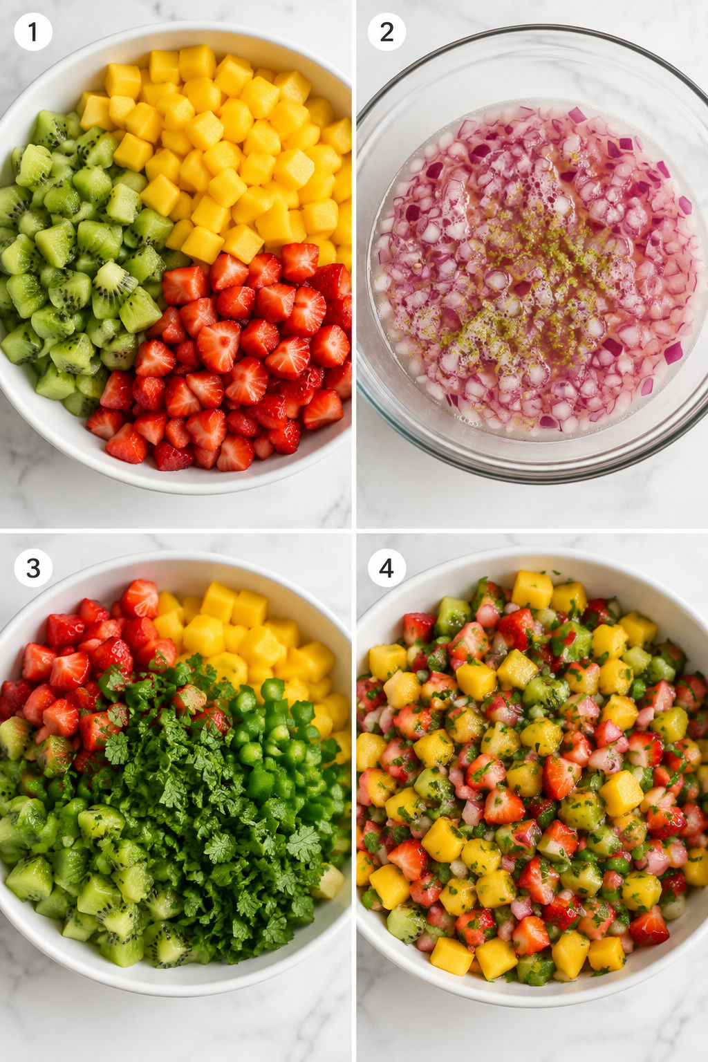 Four steps for making kiwi mango strawberry salsa