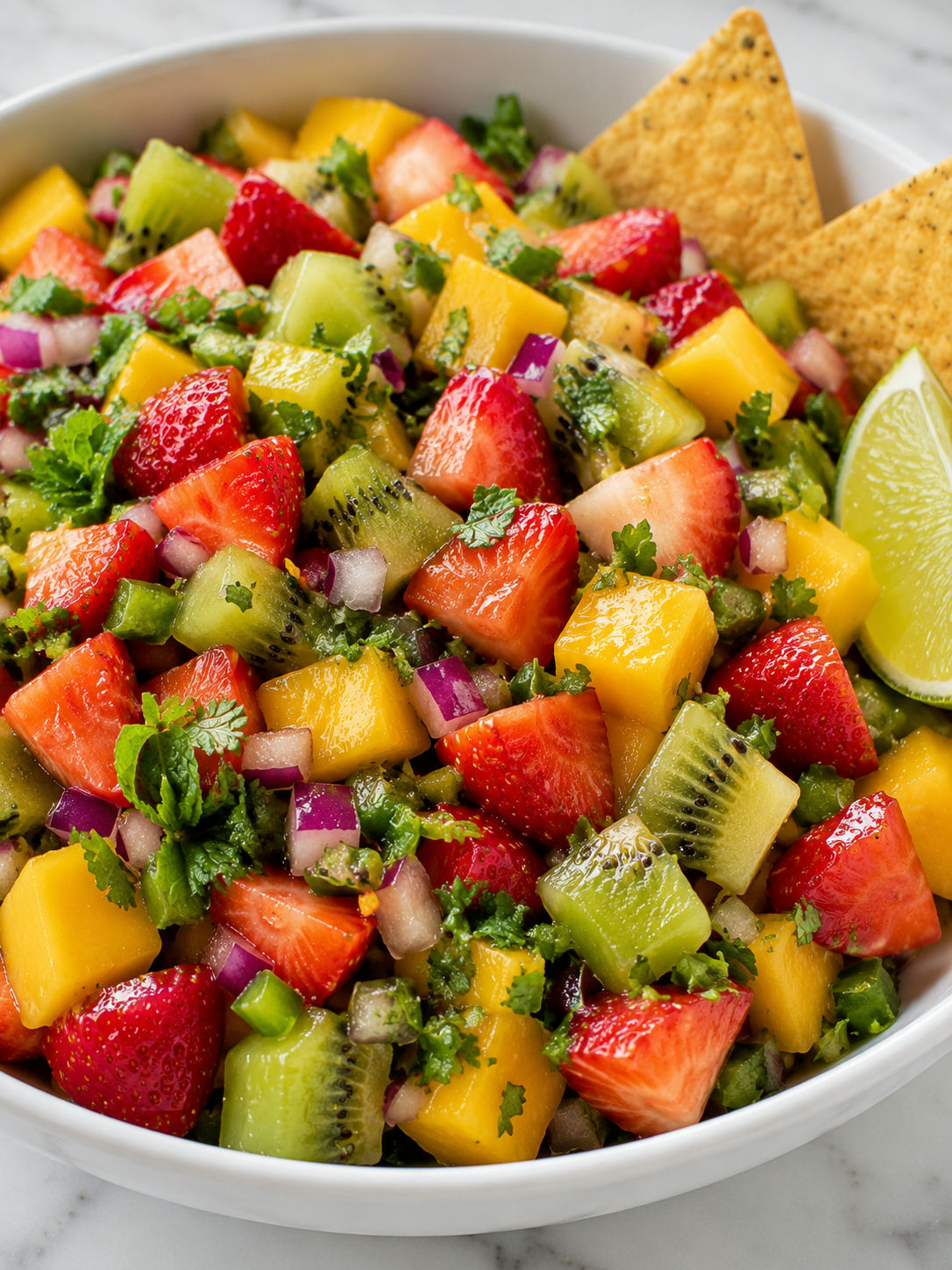 Kiwi mango strawberry salsa with lime and tortilla chips