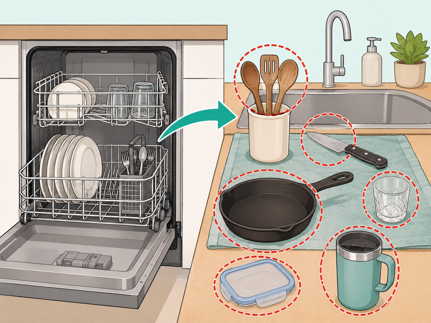 Illustration of dishwasher-risky kitchen items set aside for hand-washing.