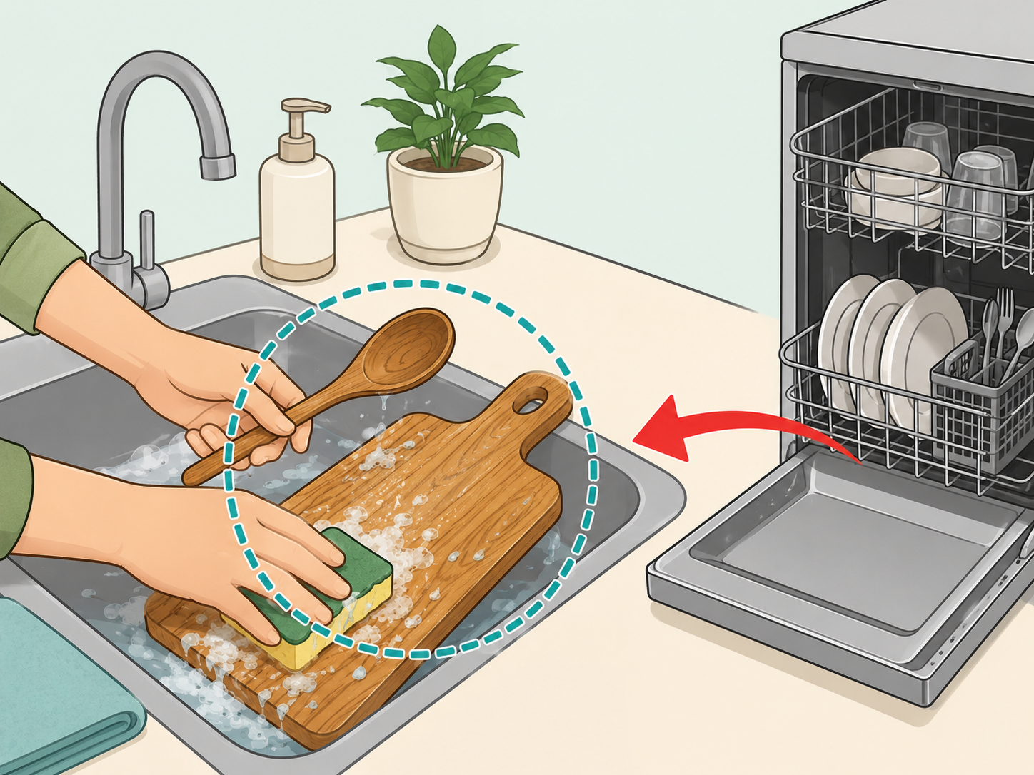 Hands washing wooden utensils and a wooden cutting board by hand.