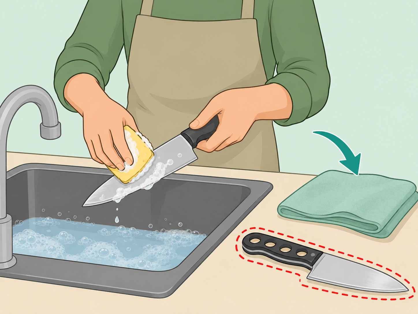 A chef's knife and hollow-handled knife being washed by hand.
