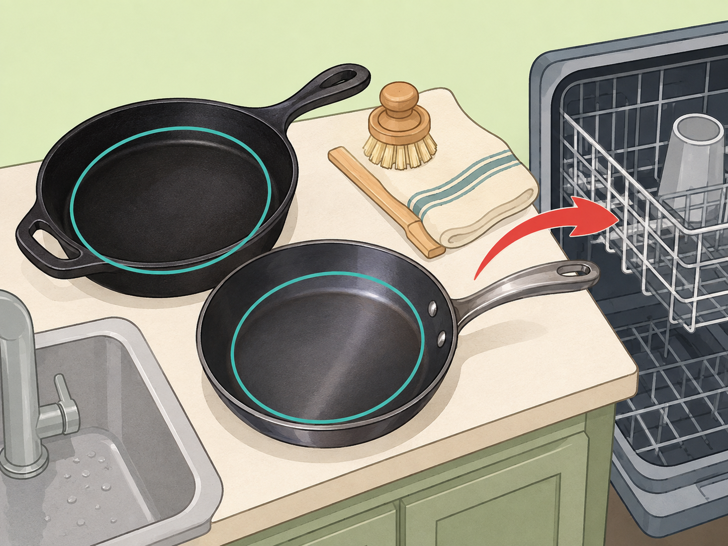 Cast iron and carbon steel pans kept out of the dishwasher.