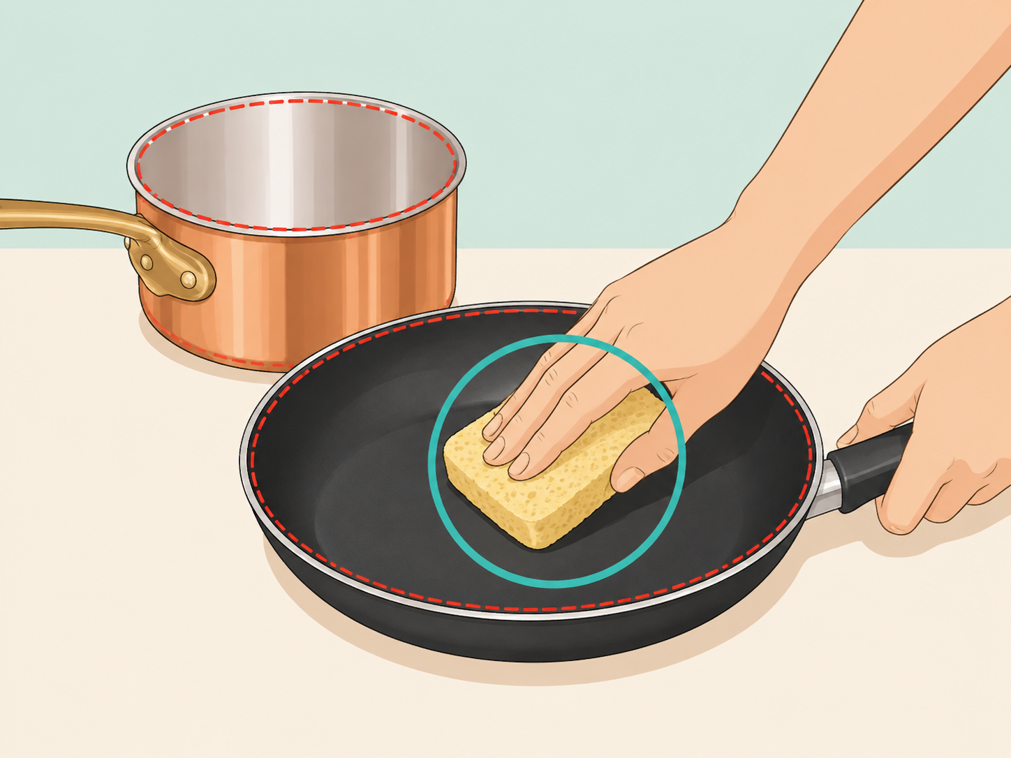 Nonstick and copper cookware being gently hand-washed.