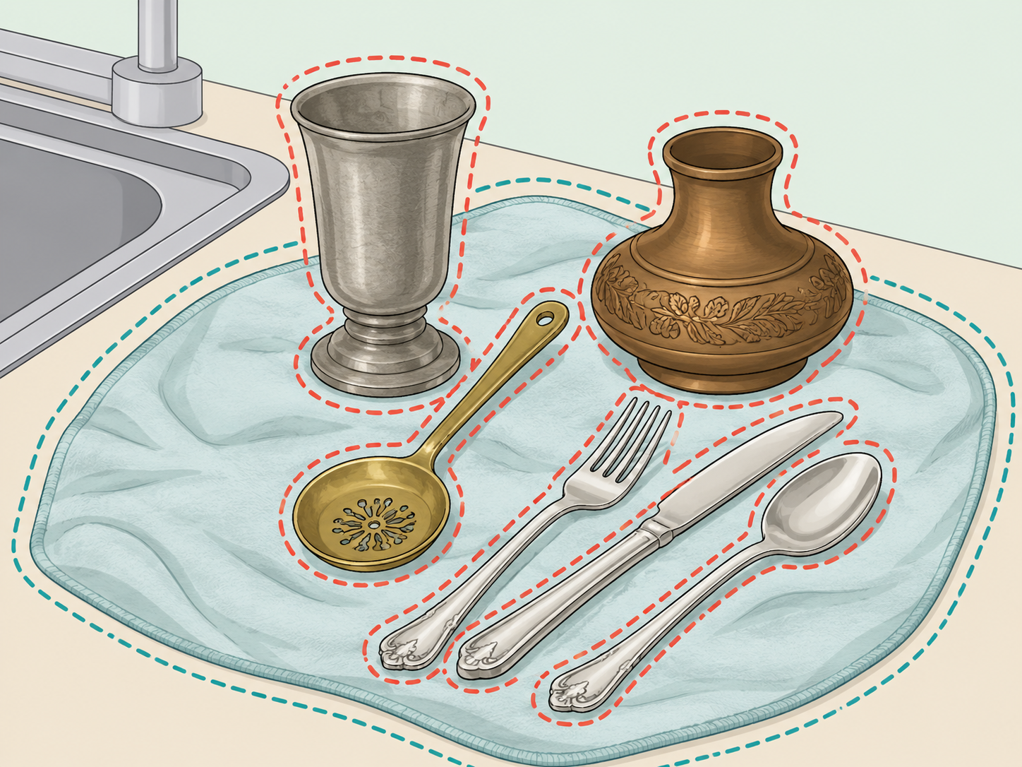 Special metal pieces and silver flatware prepared for hand-washing.