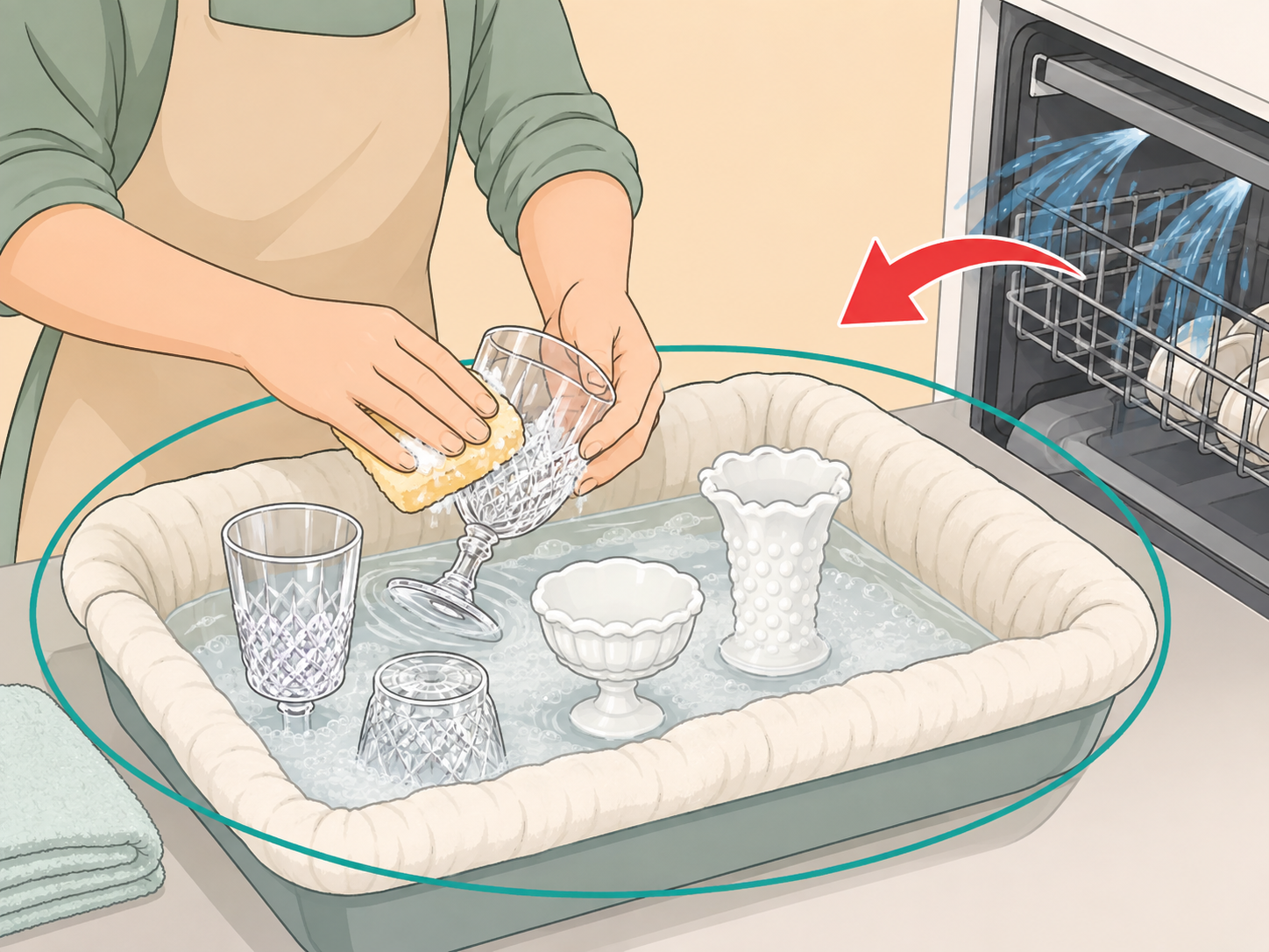 Crystal, delicate glassware, and milk glass washed carefully by hand.