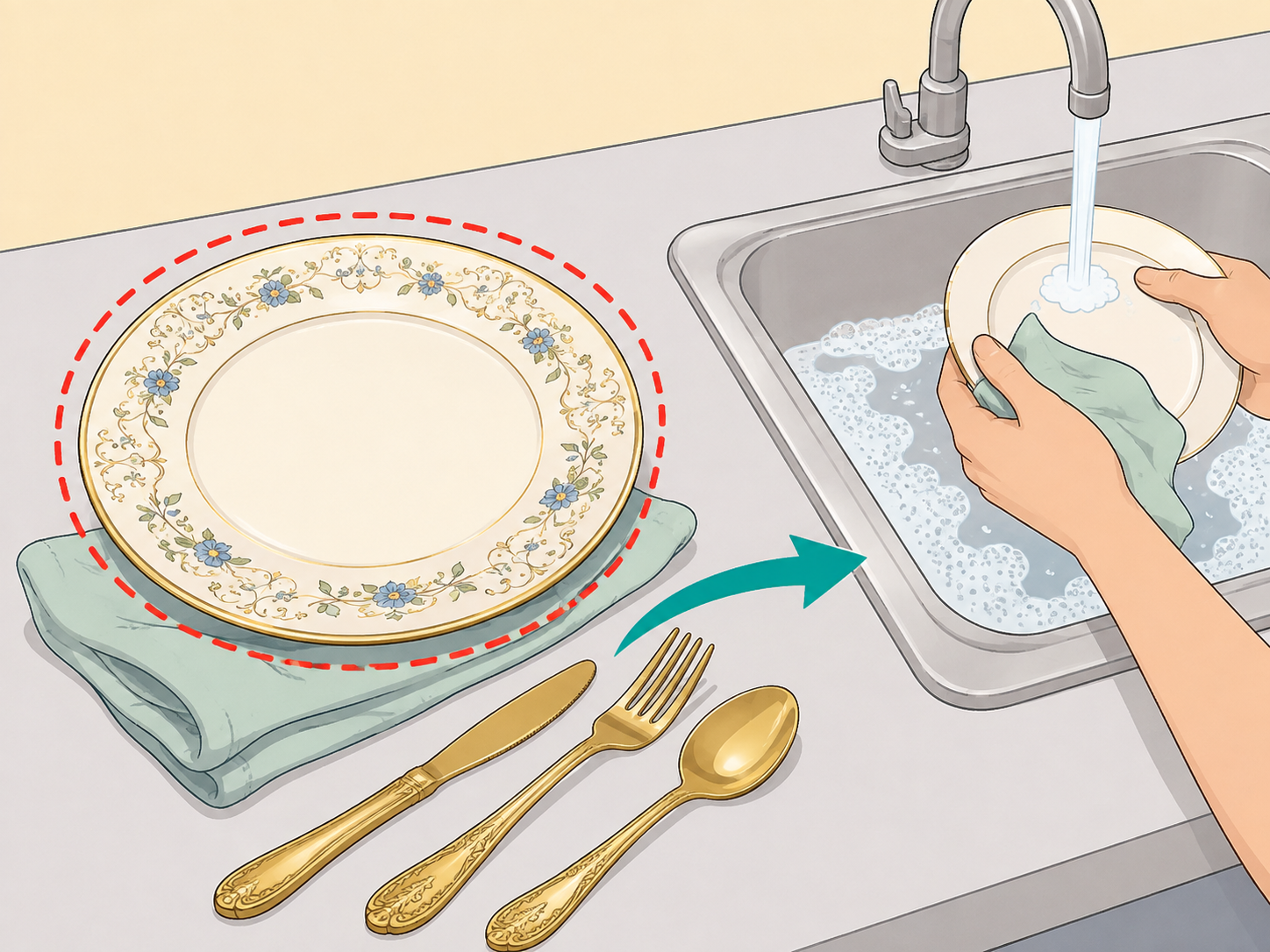 Antique china and gold-colored flatware kept out of the dishwasher.
