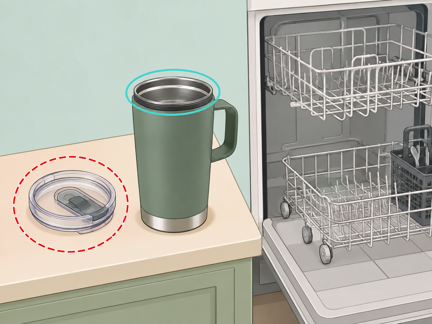 Thin plastic and insulated containers kept off dishwasher racks.