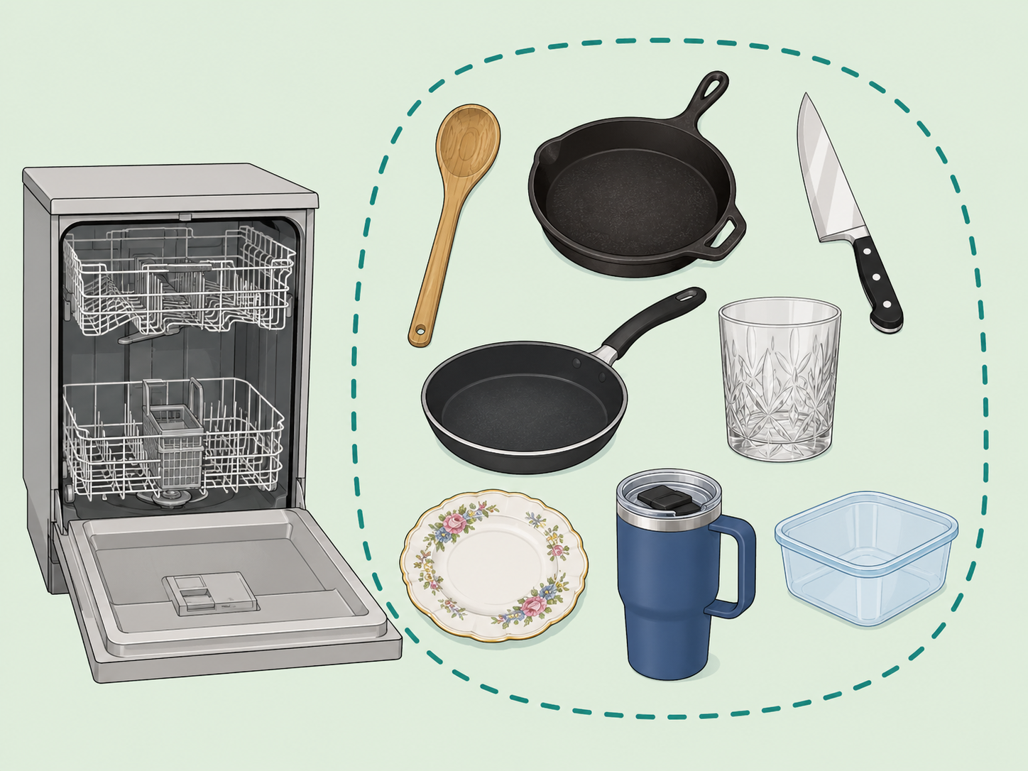 Illustration of common kitchen items that should be kept out of the dishwasher.