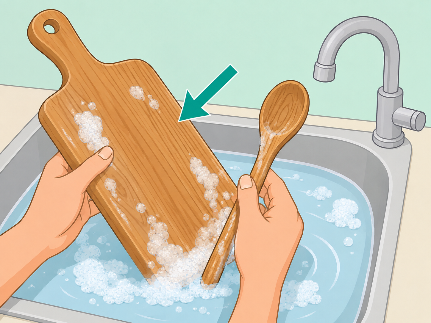 Hands washing a wooden cutting board and spoon by hand.