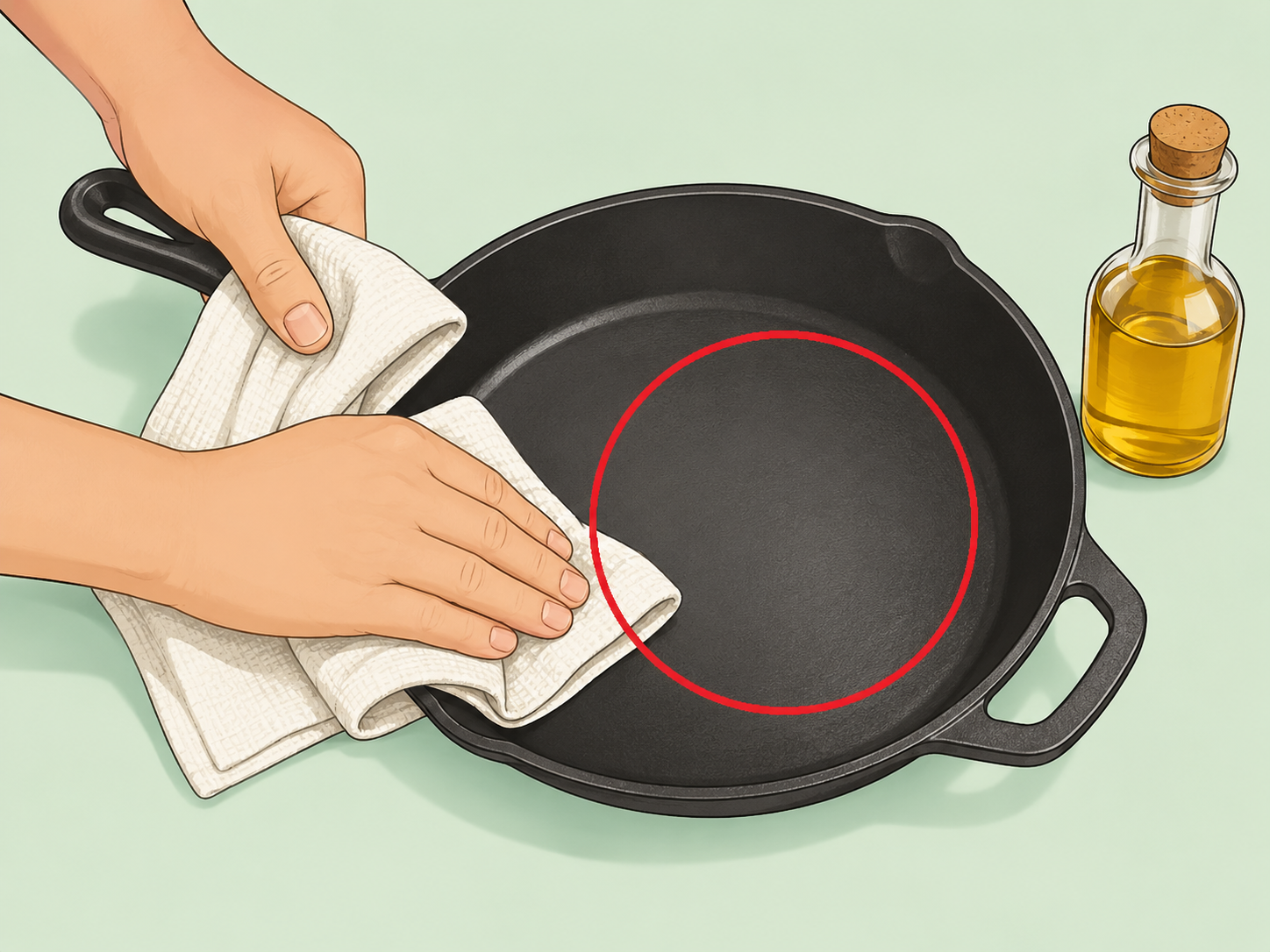 A cast iron skillet being dried and oiled after hand washing.
