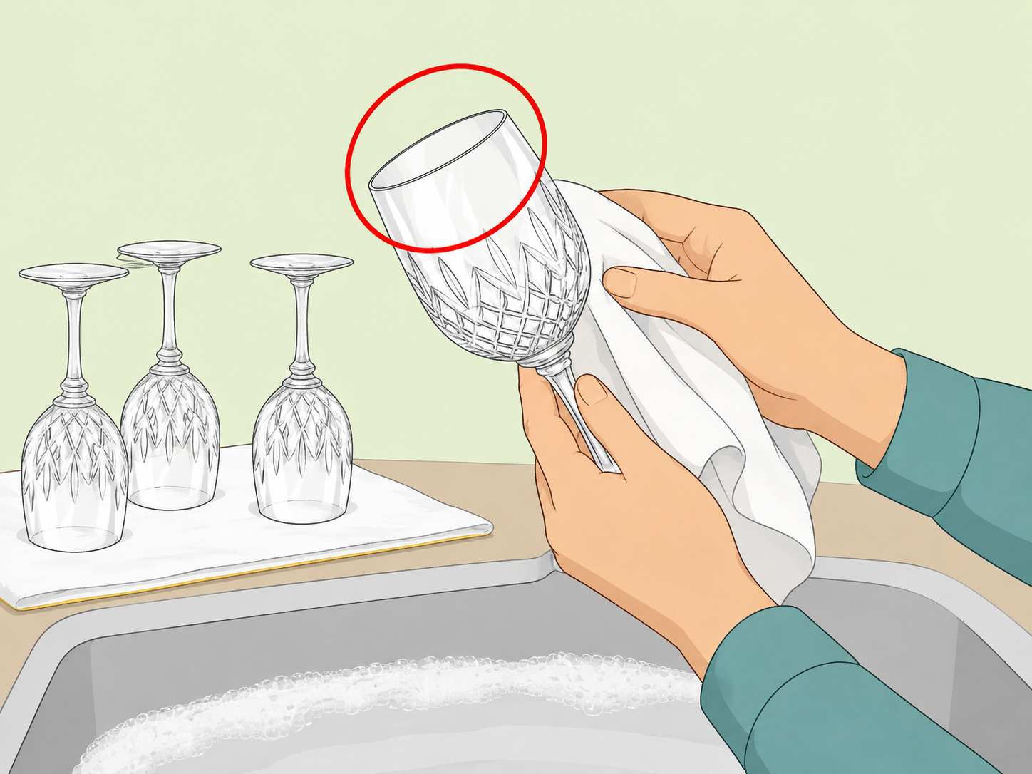 Delicate crystal glasses being washed by hand.