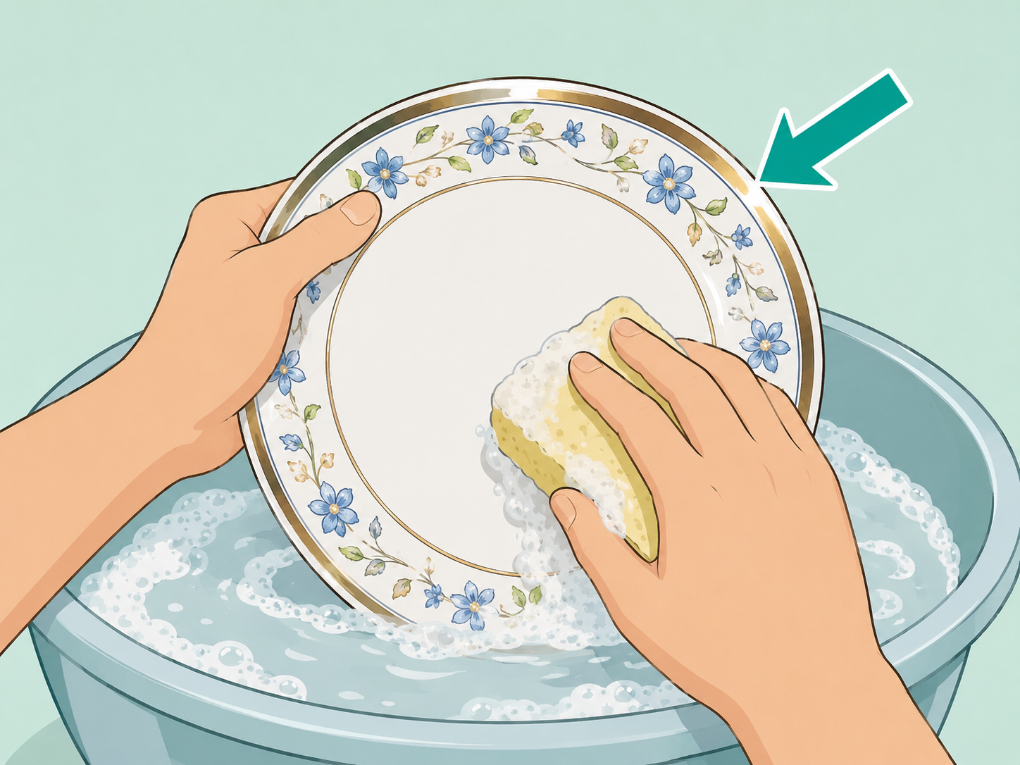 A hand-painted china plate being washed gently by hand.