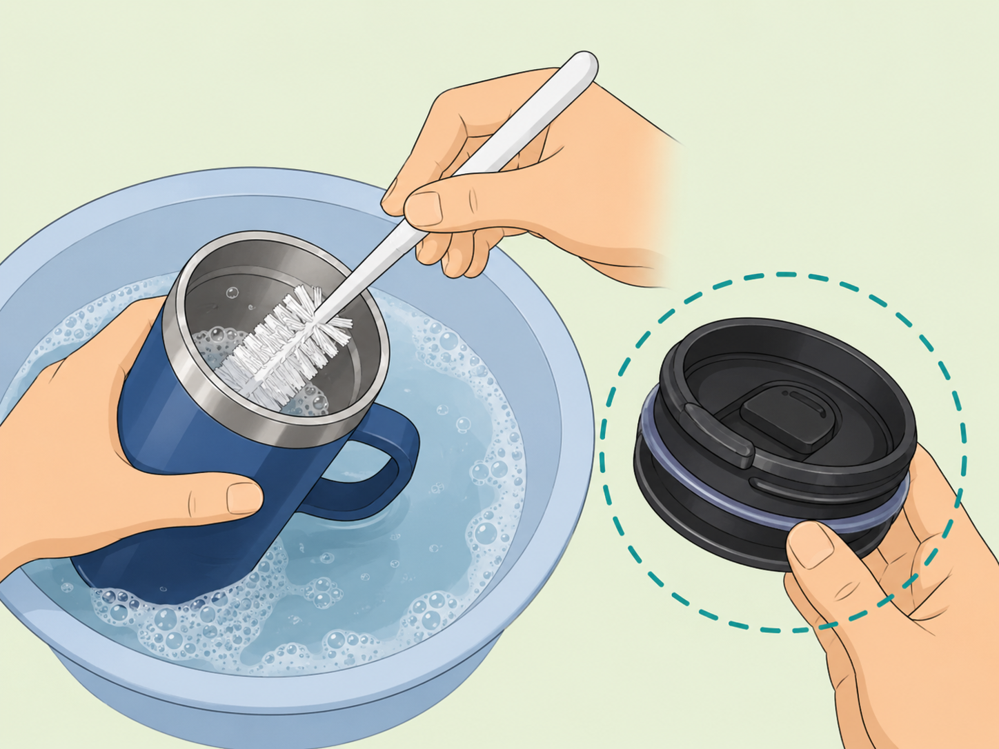 An insulated travel mug and lid being cleaned by hand.