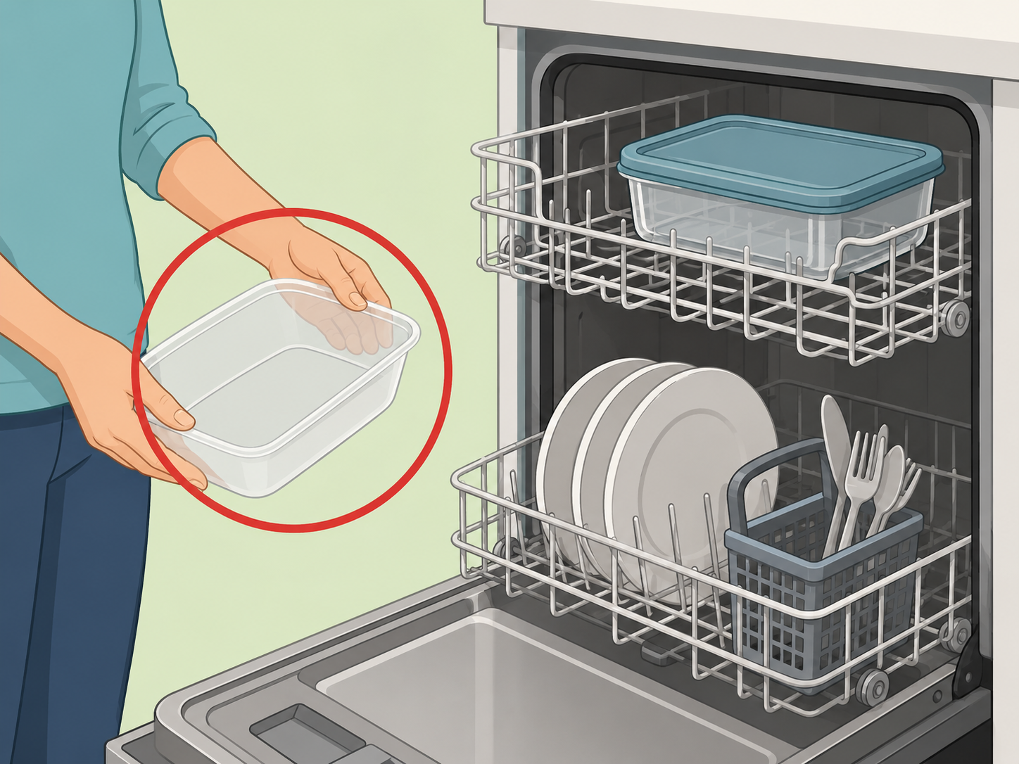 Thin plastic containers kept out of the dishwasher.