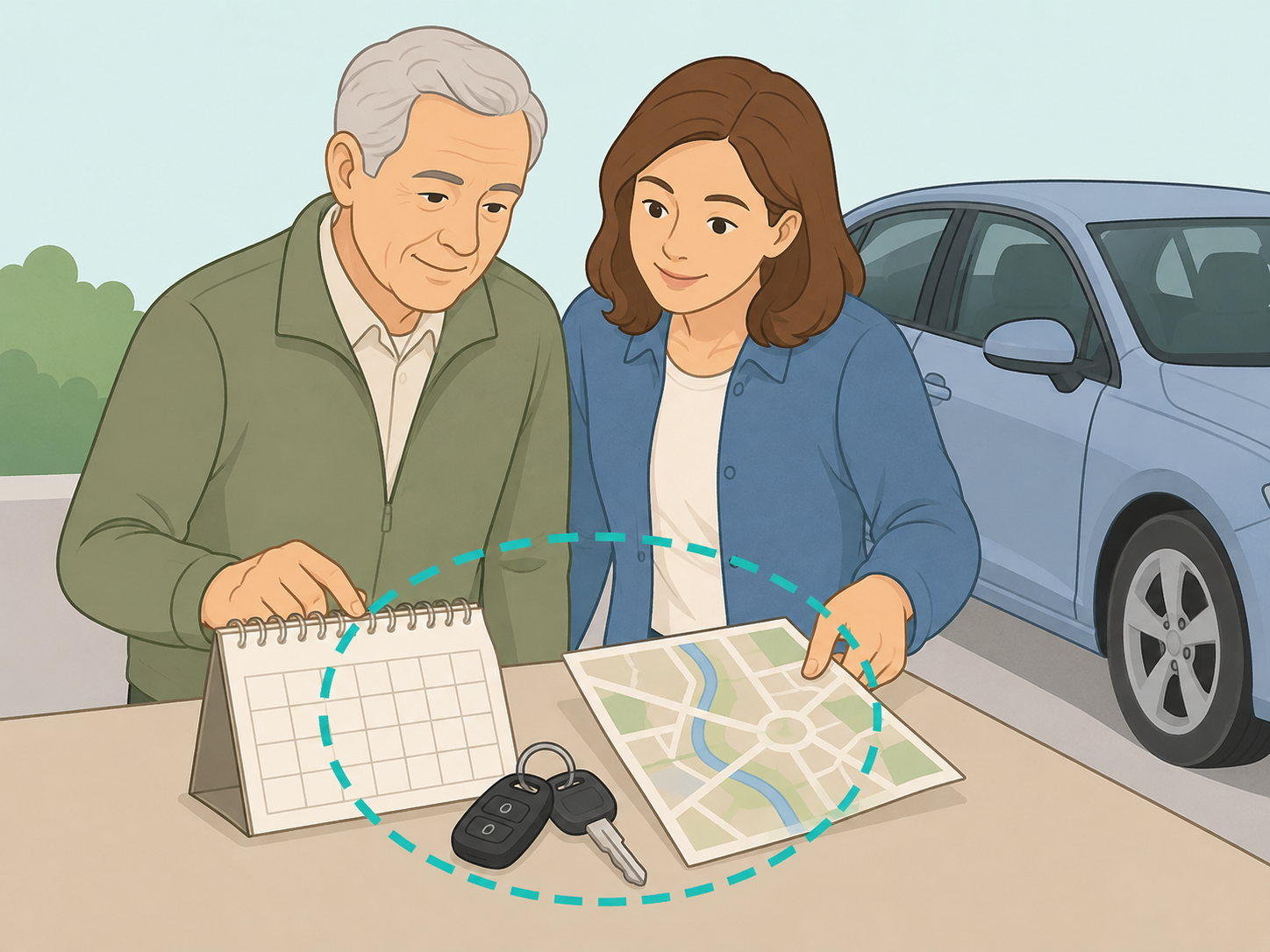 Older adult and family member discussing car keys and a transportation plan.
