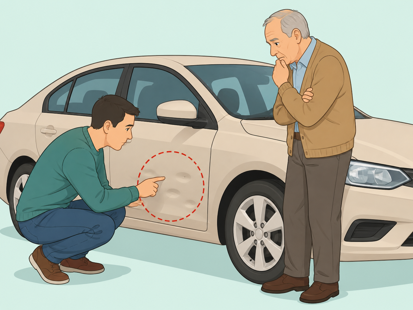 Family member checking dents on an older adult's car.
