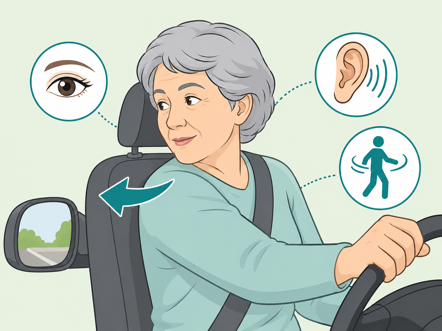 Older adult checking vision, hearing, and movement for driving.