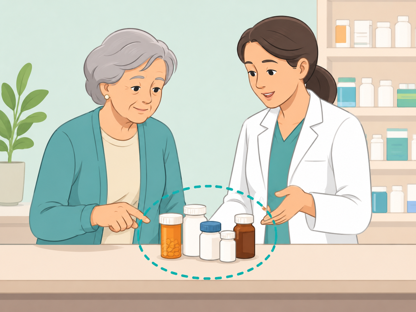 Older adult reviewing medicines with a pharmacist before driving.