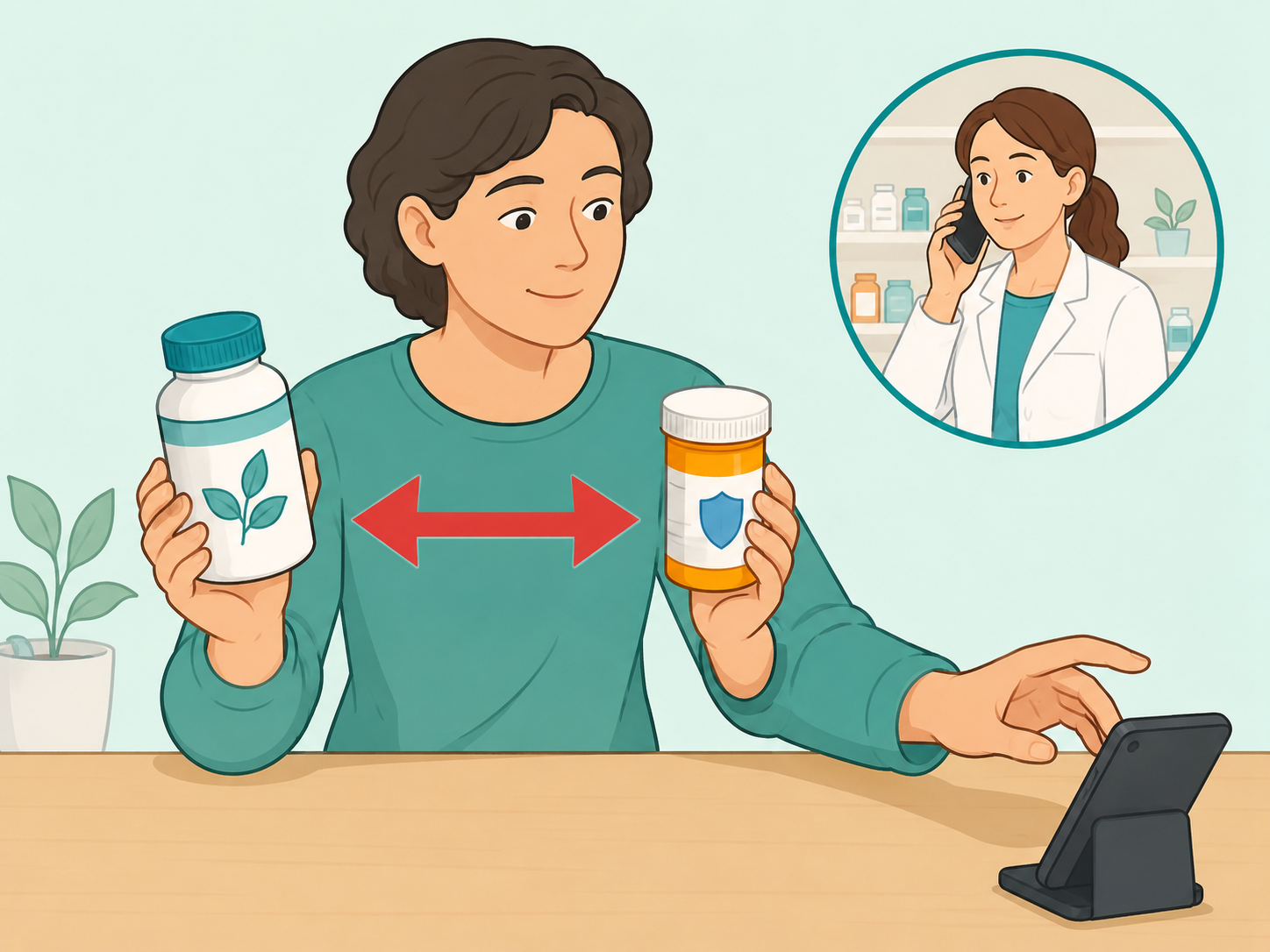 Person checking with a pharmacist before taking magnesium with antibiotics.