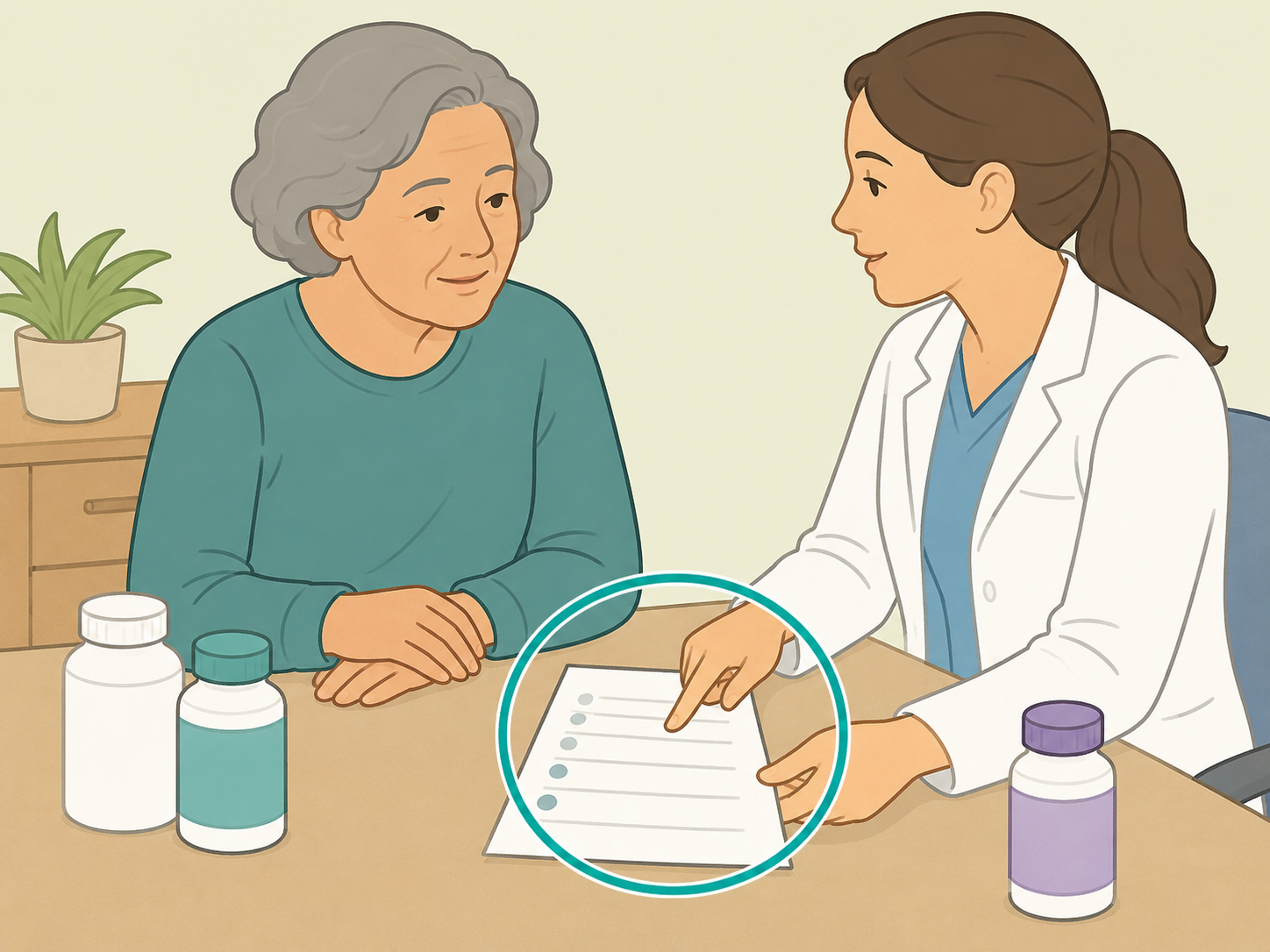 Patient reviewing diuretics and acid reflux medicines with a clinician.