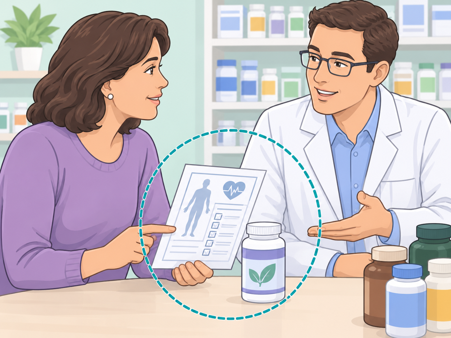 Person with a health condition asking a pharmacist before using magnesium.