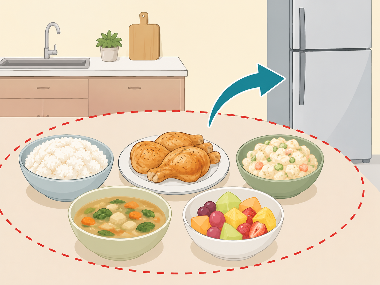 Illustration of common perishable foods on a counter with an arrow toward a refrigerator.