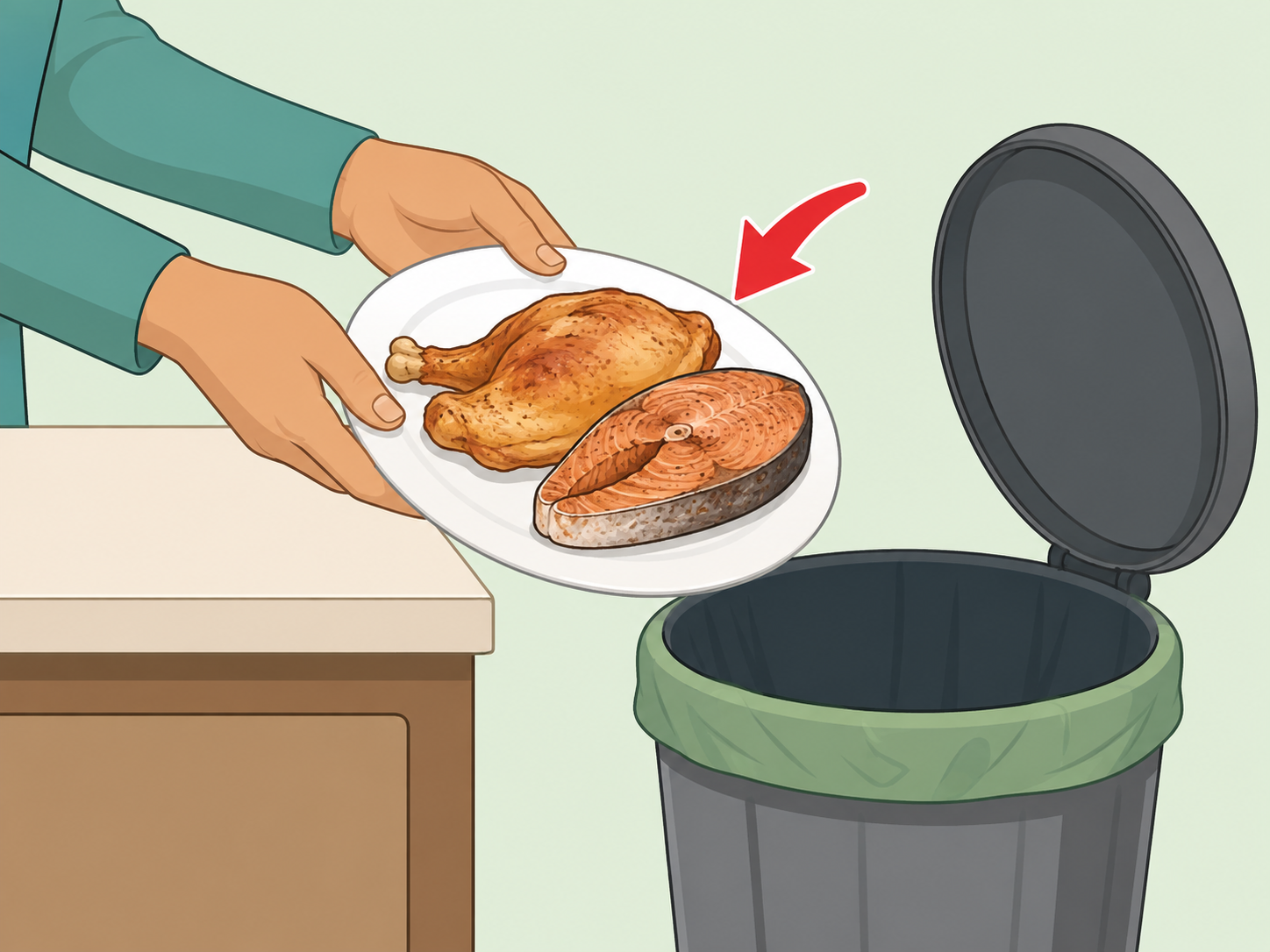 Hands discarding cooked meat and seafood left out overnight.