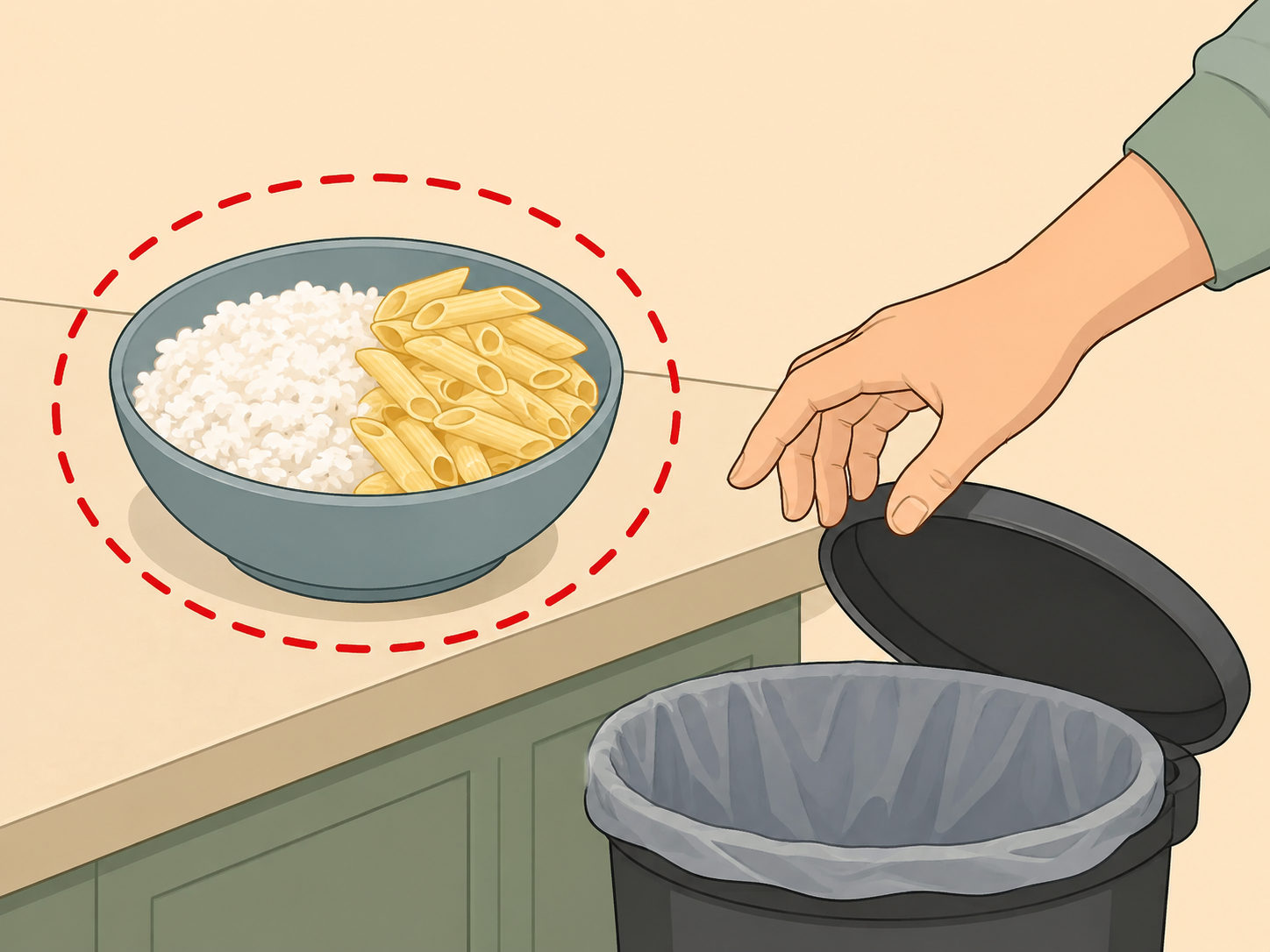 Cooked rice and pasta on a counter being marked unsafe after sitting out.