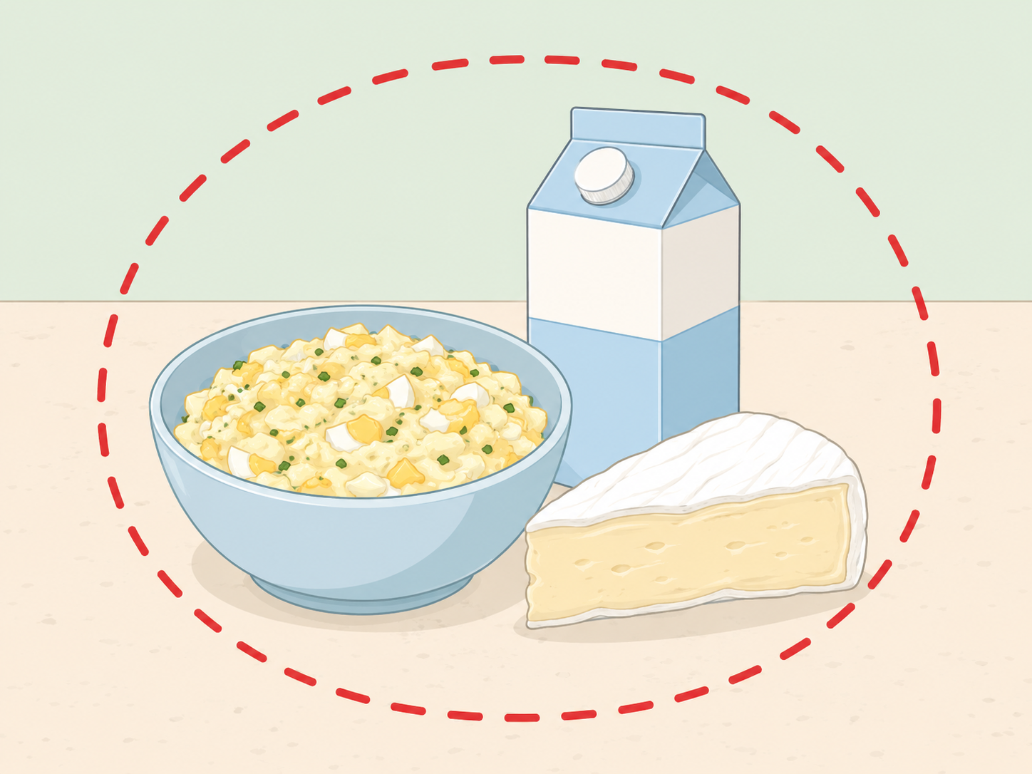 Egg, dairy, and mayonnaise foods shown as unsafe after being left out overnight.