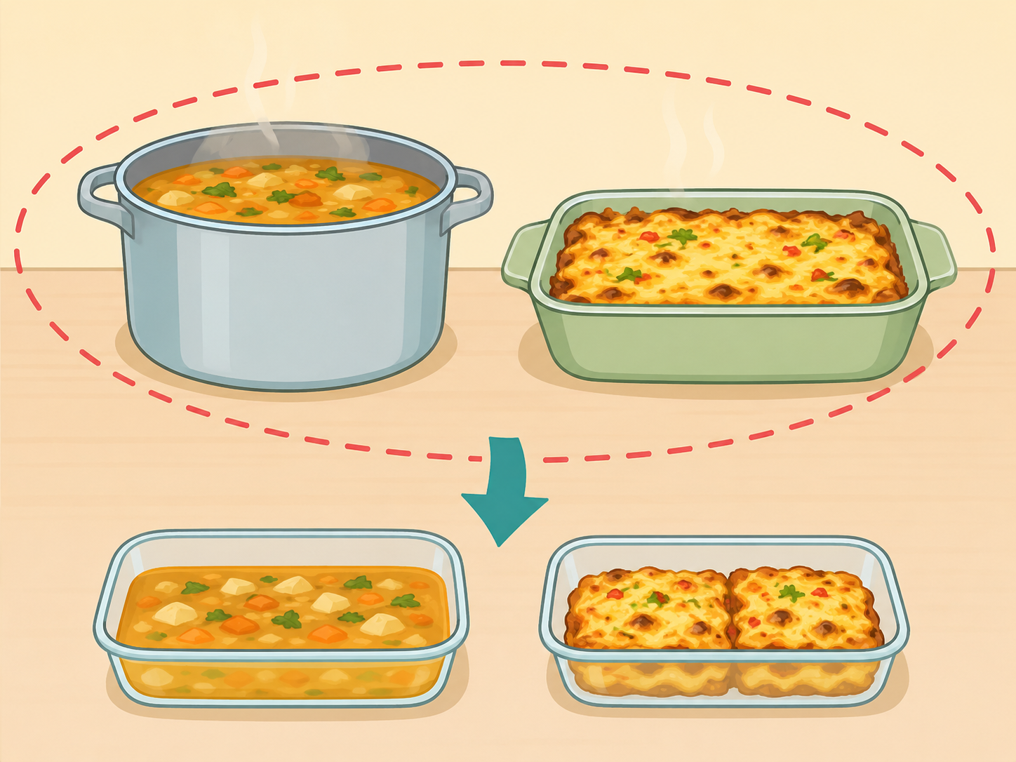 Soup and casserole left out with shallow containers shown nearby.