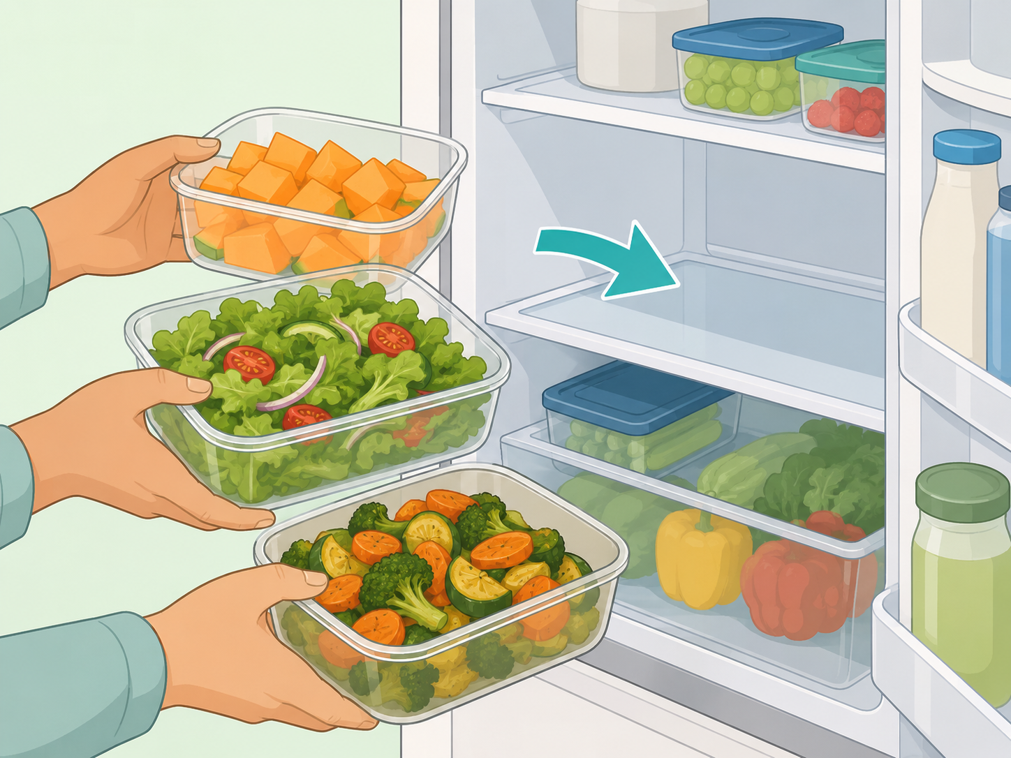 Cut fruit, salad, and cooked vegetables being placed in the refrigerator.