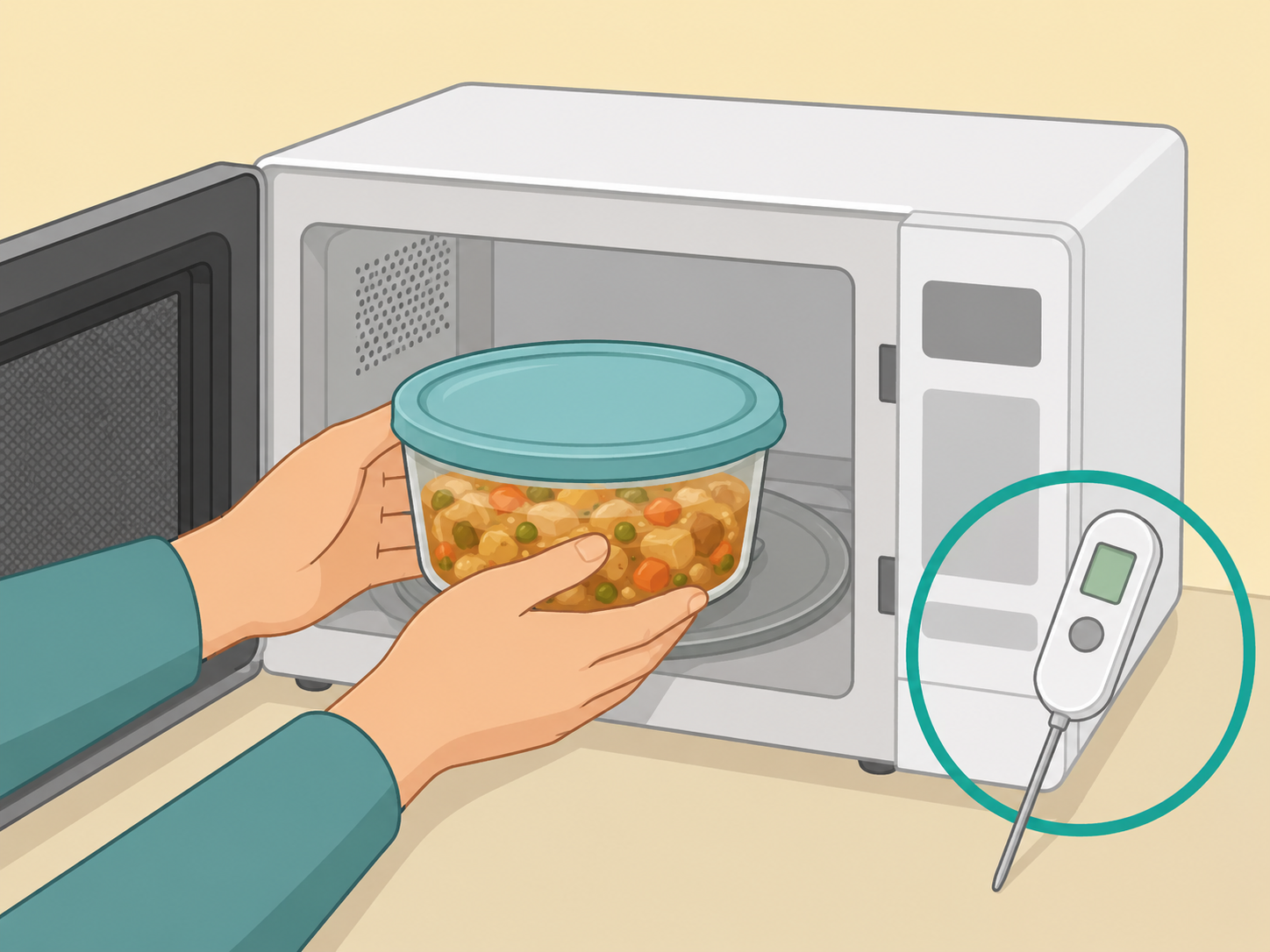 Safely chilled leftovers being reheated with a thermometer nearby.