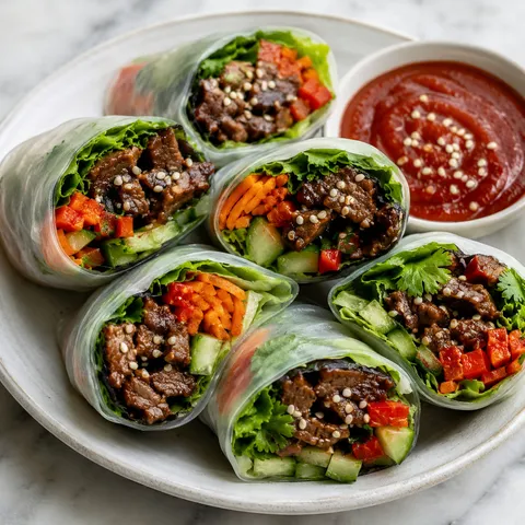 Korean BBQ beef rice paper rolls with vegetables and gochujang sauce