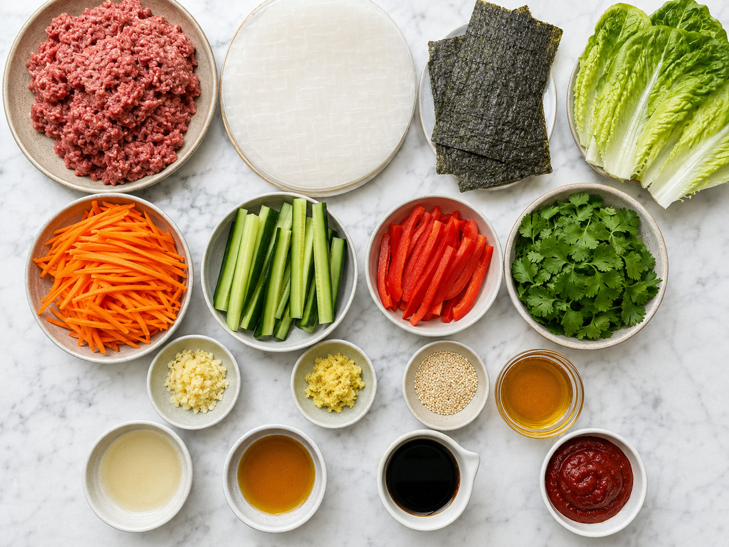 Ingredients for Korean BBQ beef rice paper rolls on a wooden surface