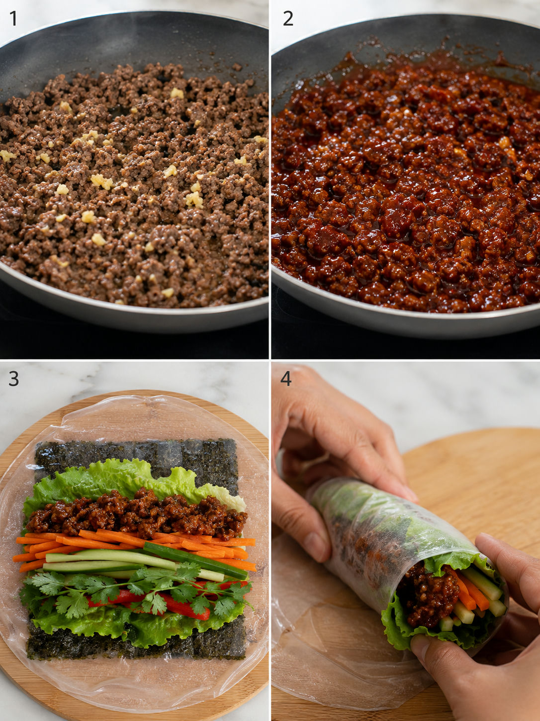 Four steps for making Korean BBQ beef rice paper rolls