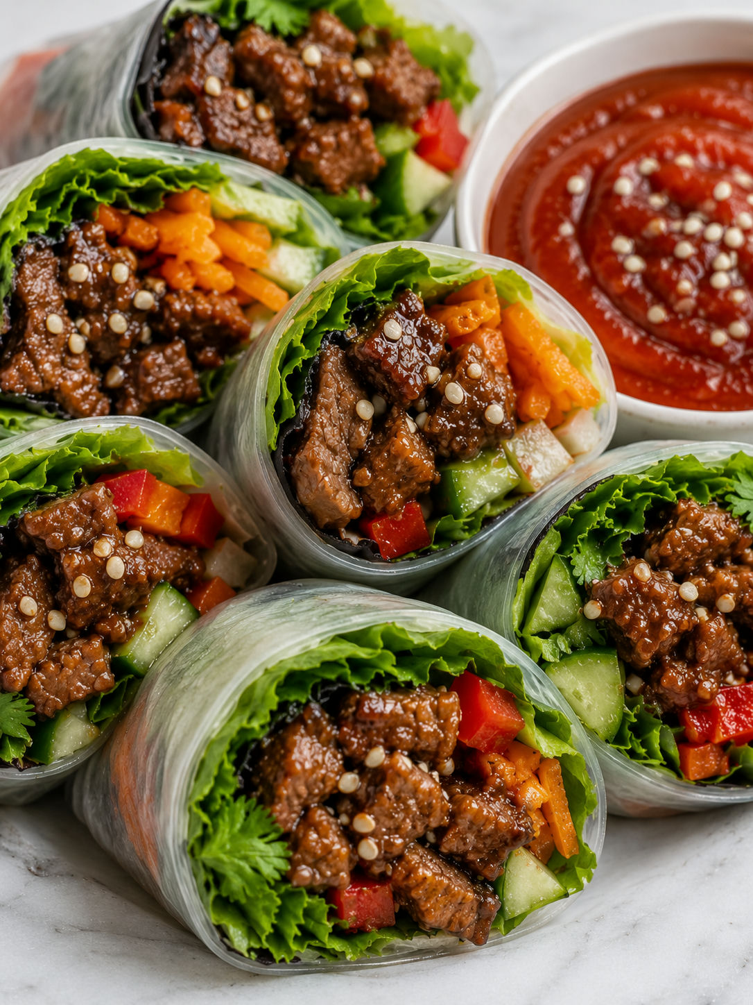 Korean BBQ beef rice paper rolls with crisp vegetables and dipping sauce