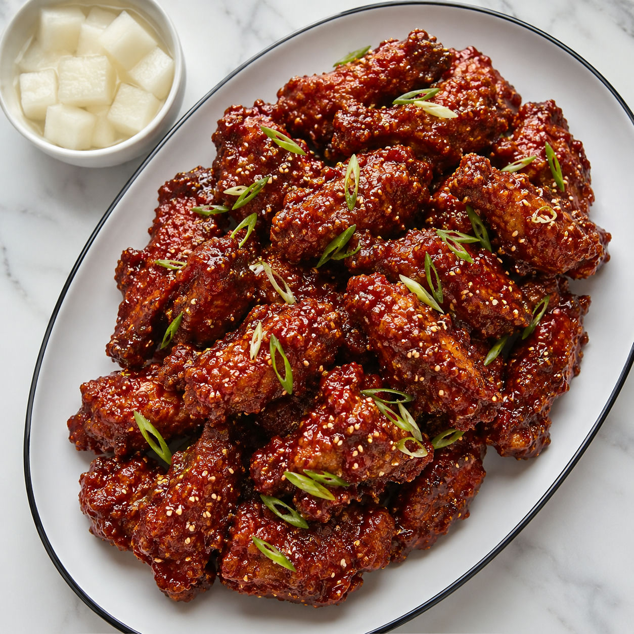 Korean fried spicy chicken wings with sesame seeds and scallions