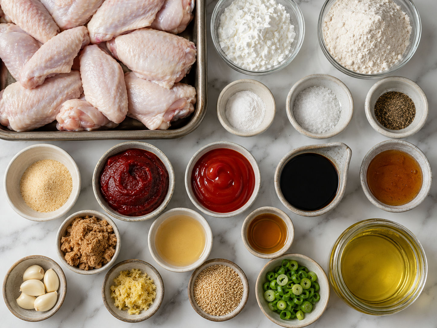Raw ingredients for Korean fried spicy chicken wings on a wooden surface