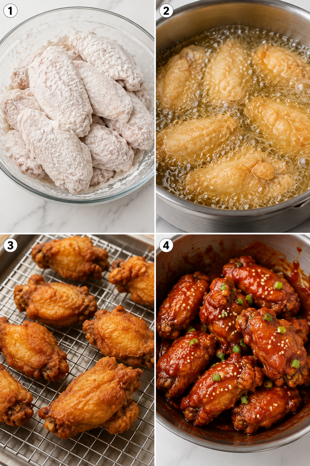 Four cooking steps for Korean fried spicy chicken wings