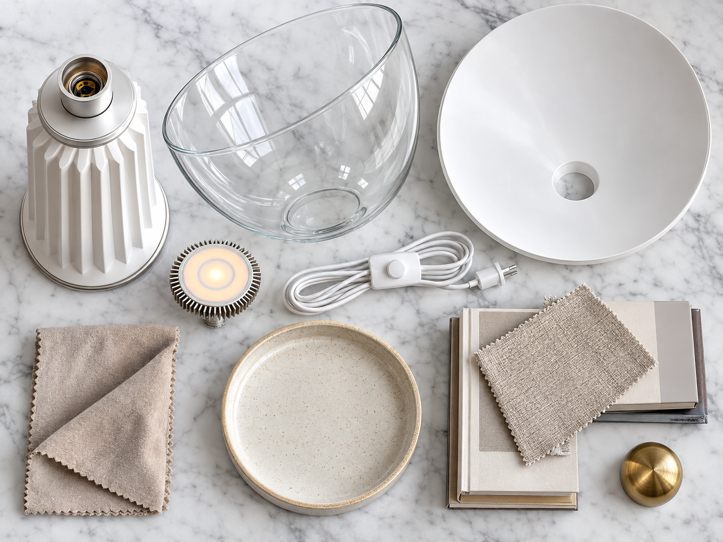 Taccia lamp components with glass diffuser, white shade, base, cord, and cloth