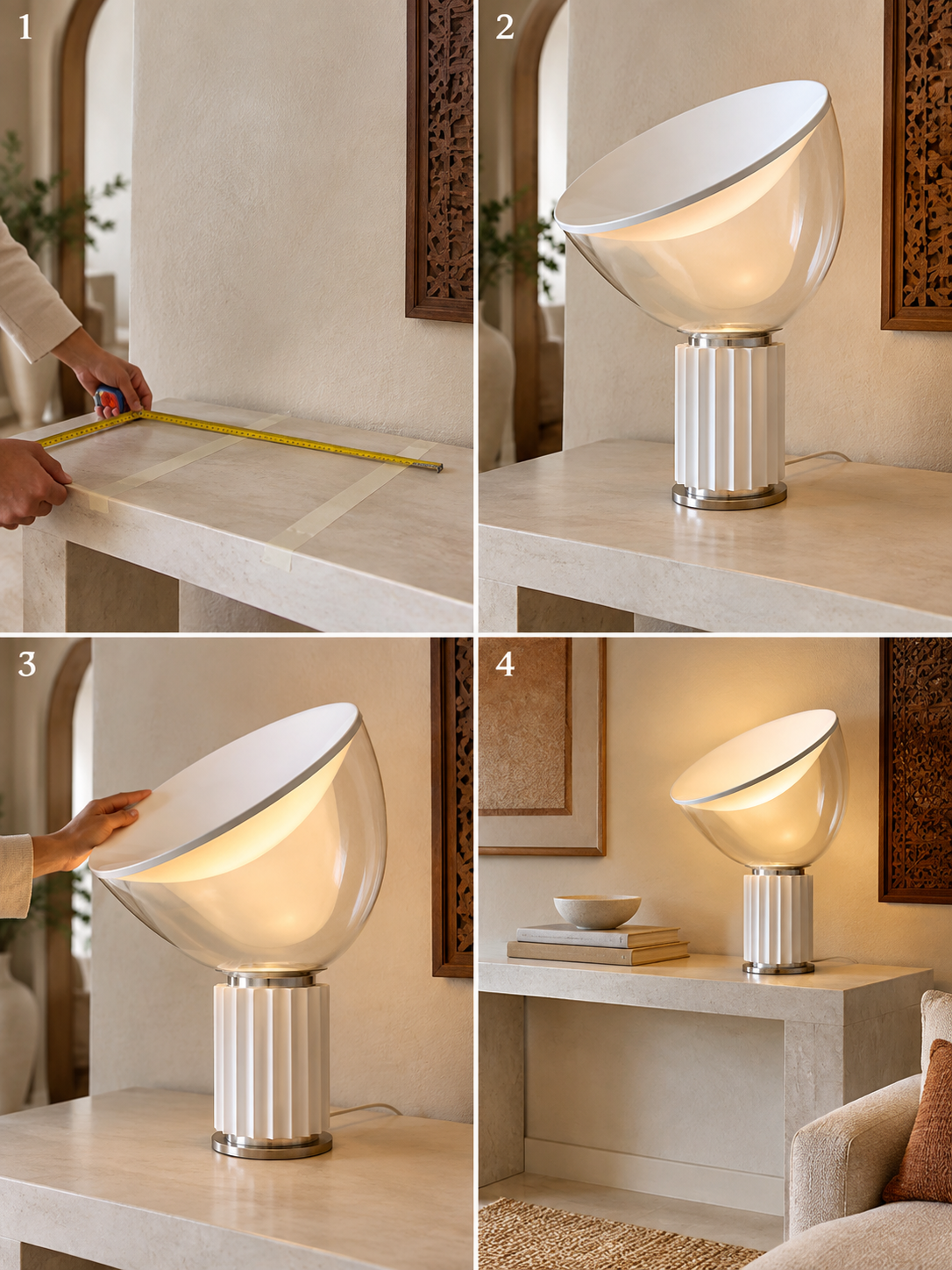 Four styling steps for placing and angling a white Taccia table lamp