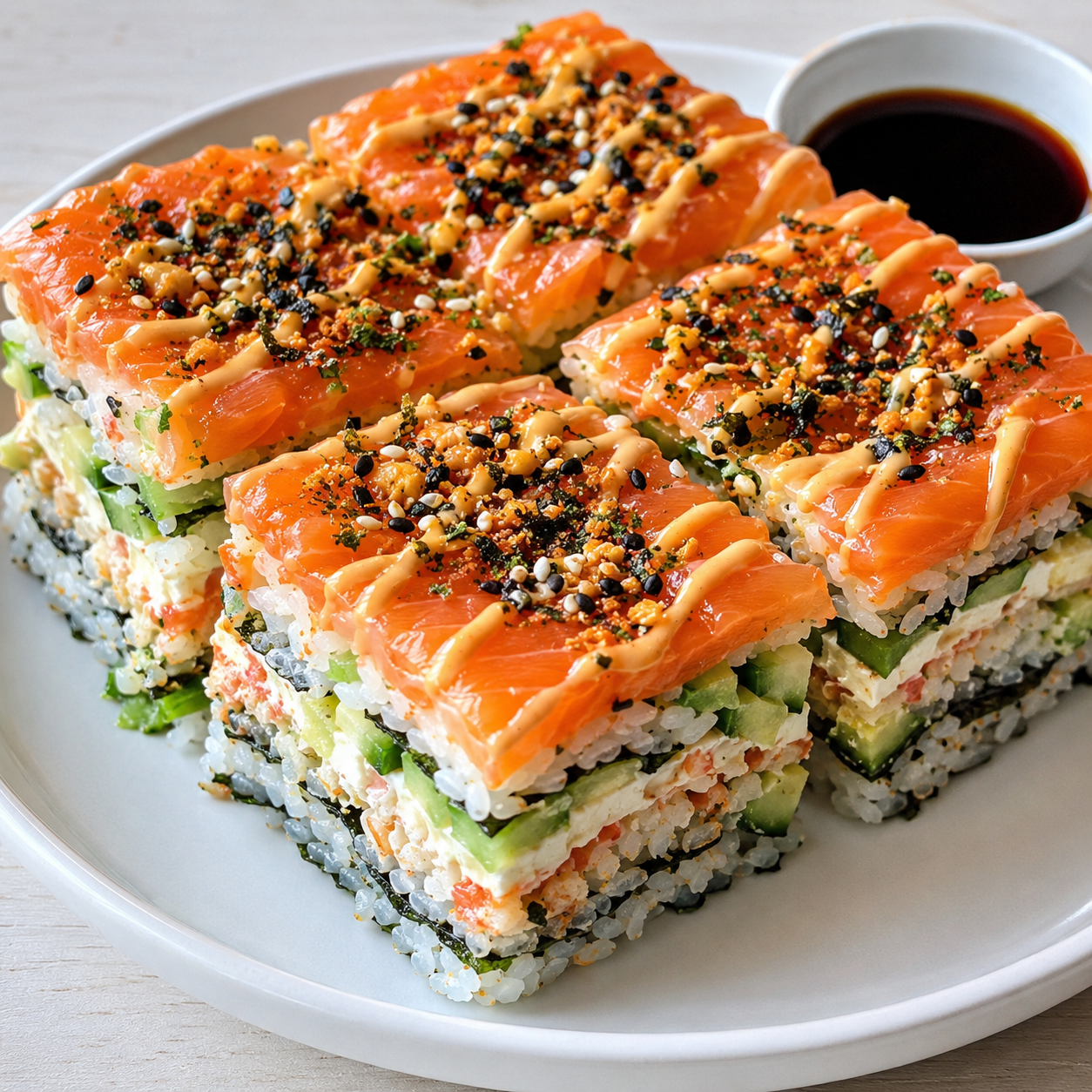 Layered sushi squares with smoked salmon, crab, avocado, and spicy mayo