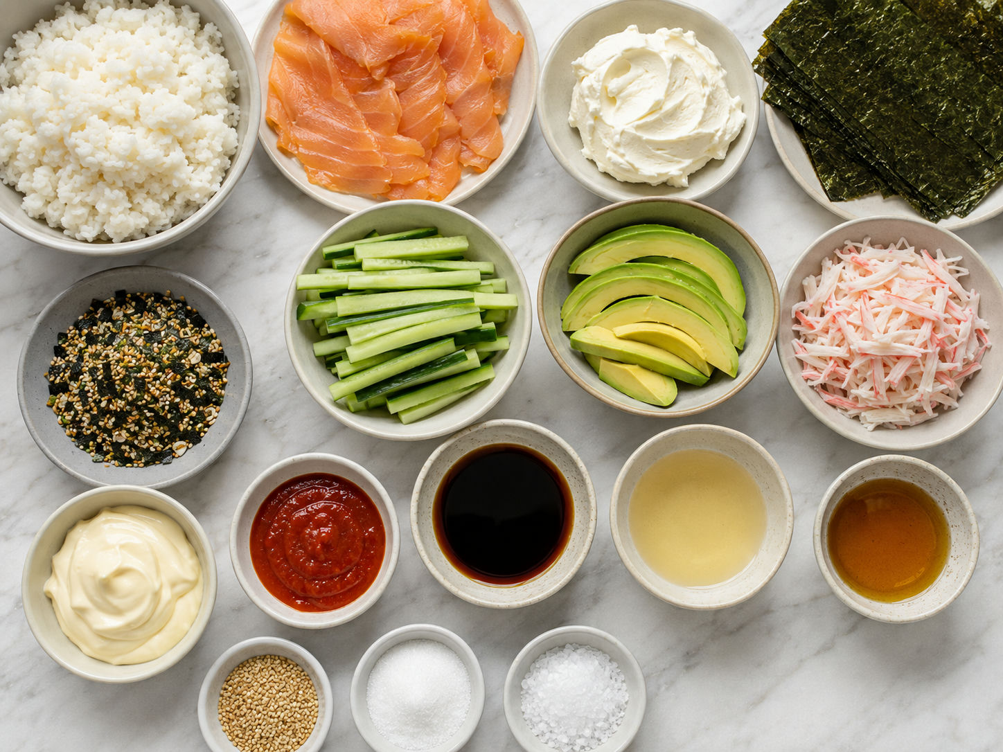 Ingredients for layered sushi squares with salmon, rice, nori, crab, and avocado