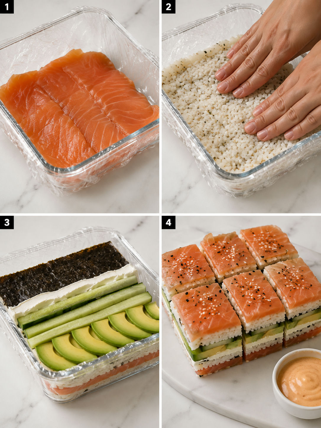 Four steps for layering and slicing smoked salmon sushi squares