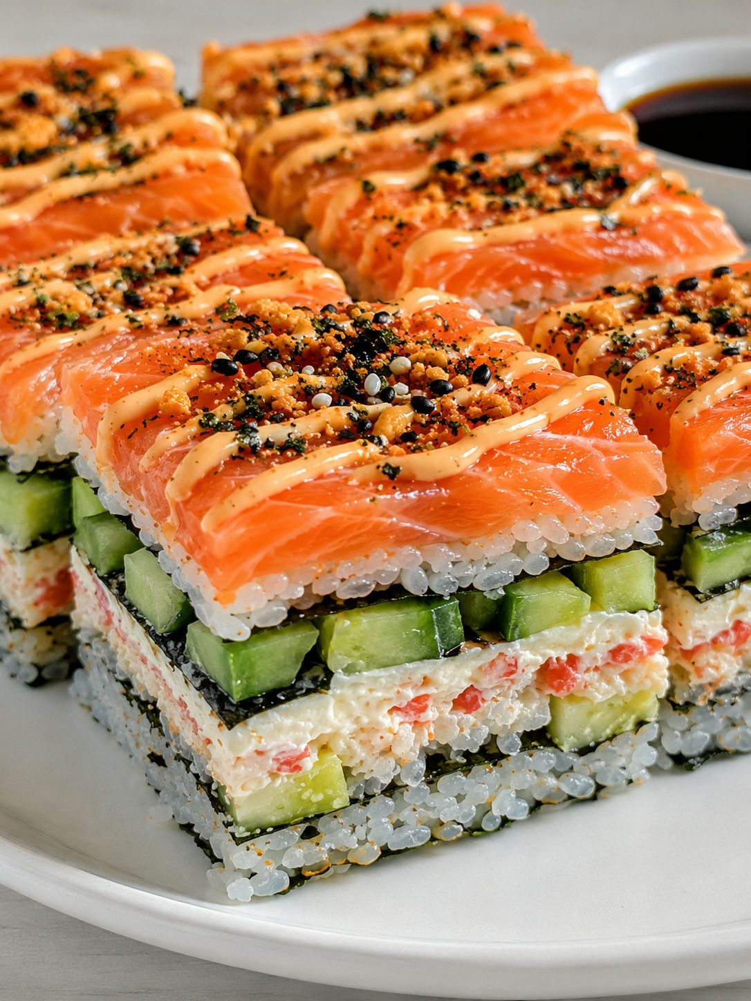 Layered smoked salmon sushi squares with furikake and spicy mayo