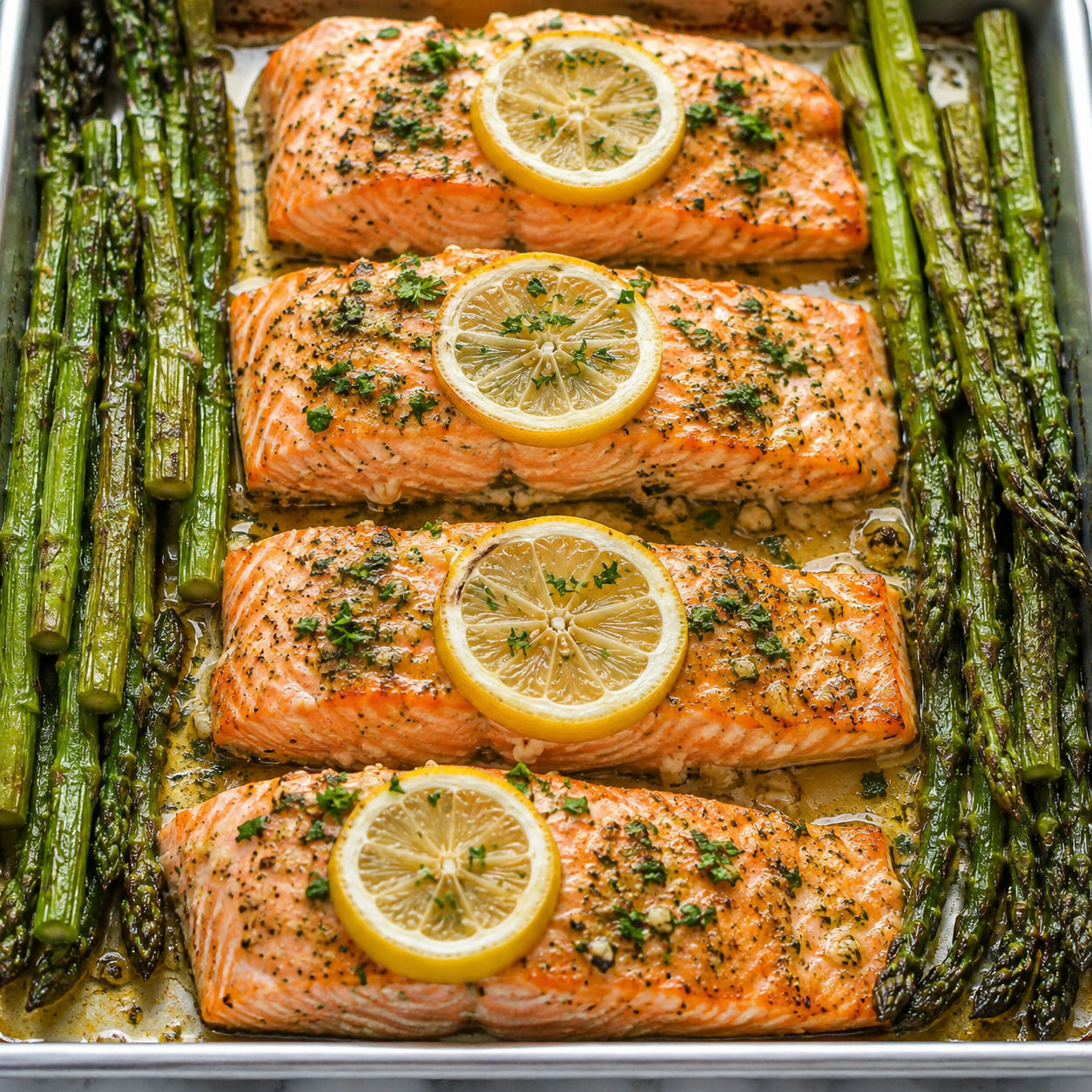 Lemon garlic butter salmon with asparagus and parsley on a sheet pan