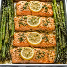 Lemon garlic butter salmon with asparagus and parsley on a sheet pan